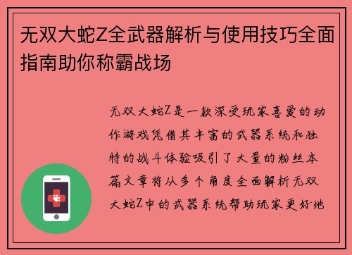无双大蛇Z全武器解析与使用技巧全面指南助你称霸战场