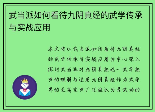 武当派如何看待九阴真经的武学传承与实战应用